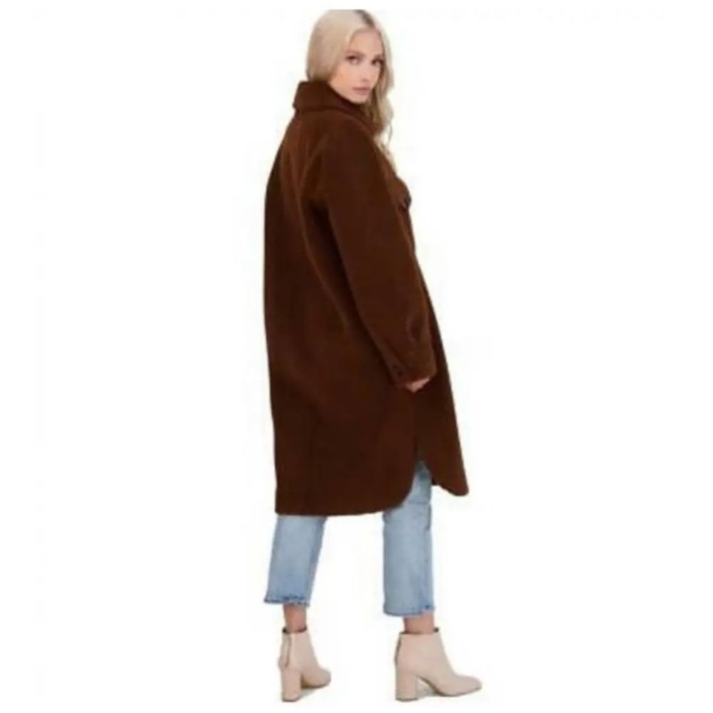 Rebecca Minkoff Brown Faux Shearling Button Down Long Overcoat w/Pockets Size XL - Picture 2 of 15